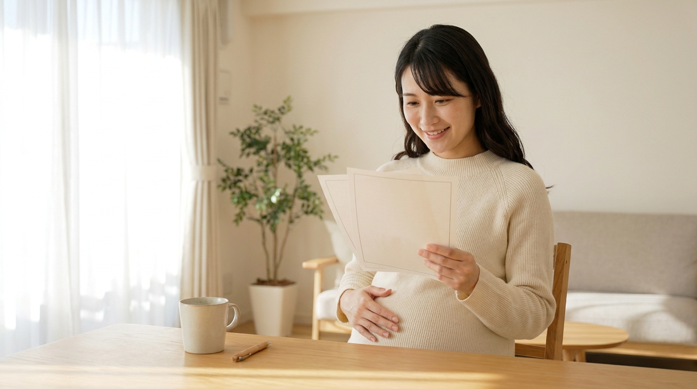 妊娠中の女性が自治体の家事支援について書類を確認する様子
