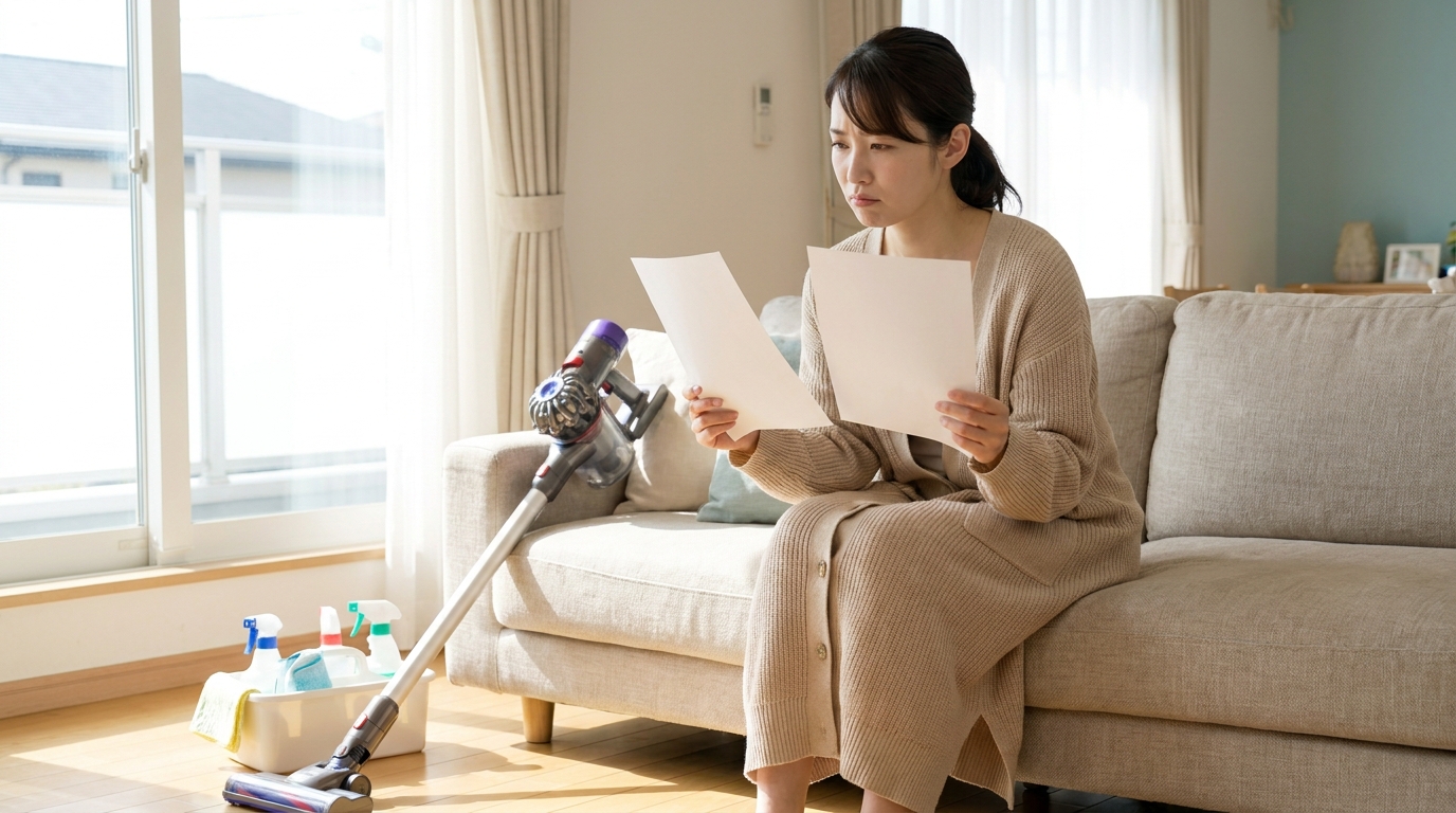 リビングのソファで2枚の資料を見比べる女性と掃除道具