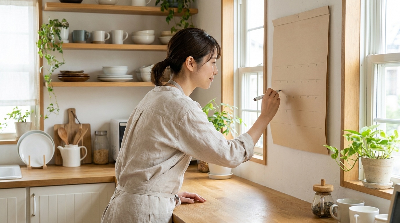 壁掛けカレンダーに定期利用の予定を書き込む女性