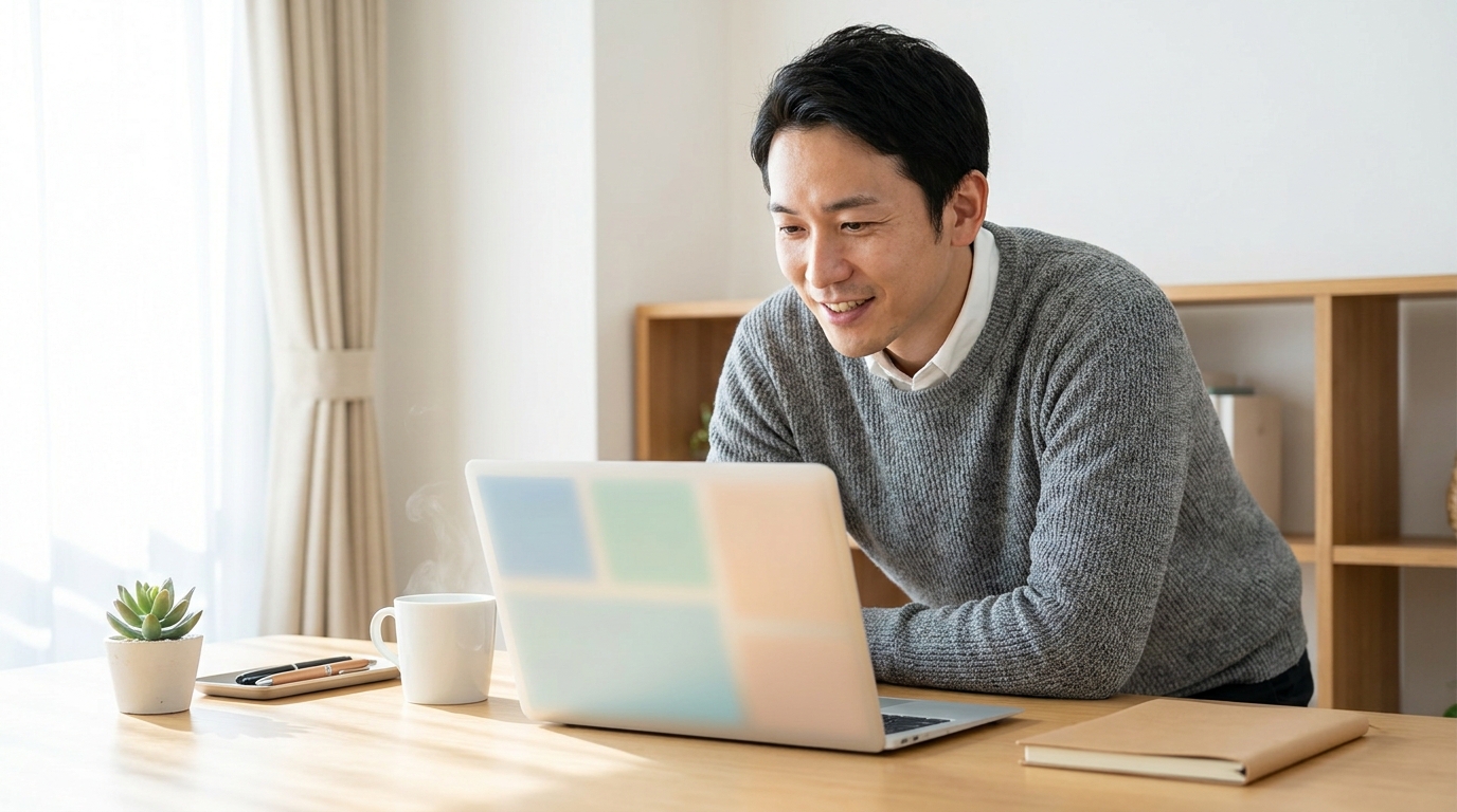 会社の福利厚生サービスをパソコンで確認する会社員