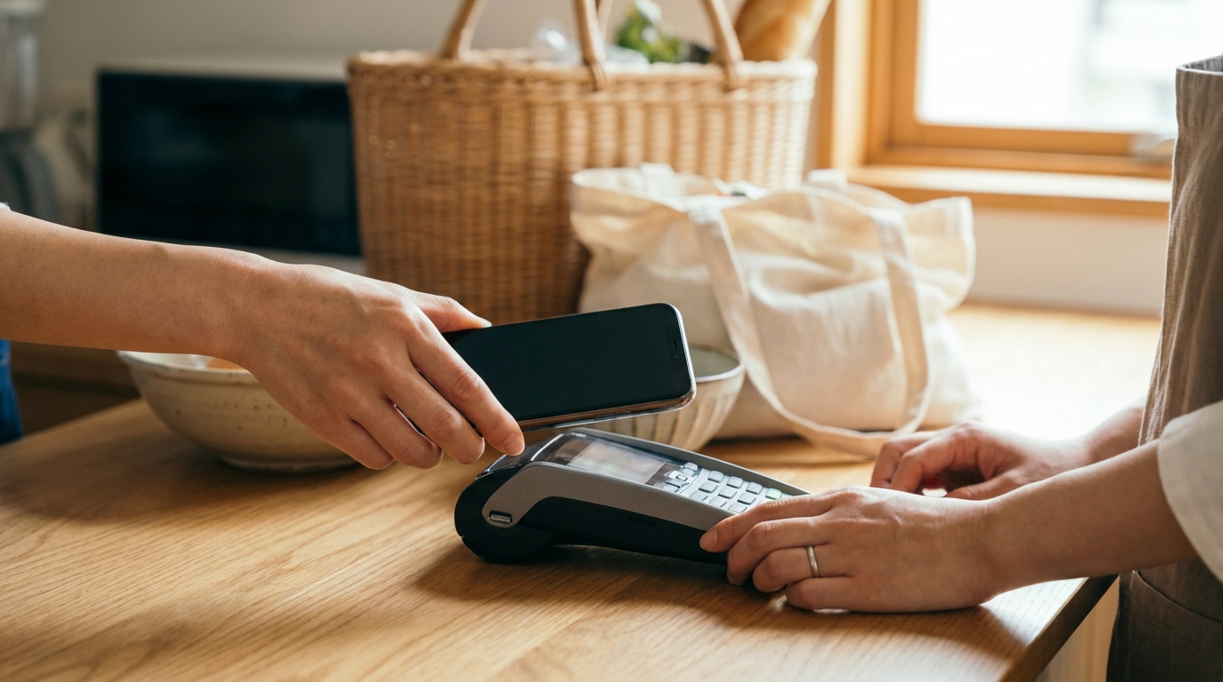 キッチンカウンターでスマートフォンをかざして支払いをする手元