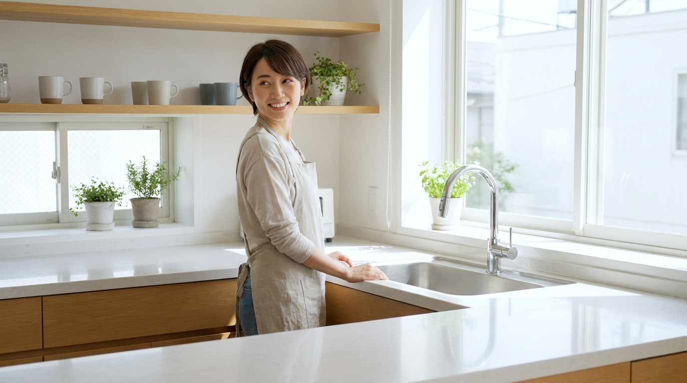 仕上がった清潔なキッチンを見て笑顔の主婦