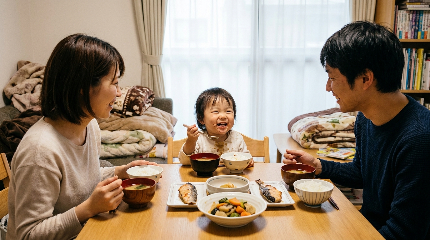 自宅で夕食を囲む家族・子どもが笑顔で食べる様子