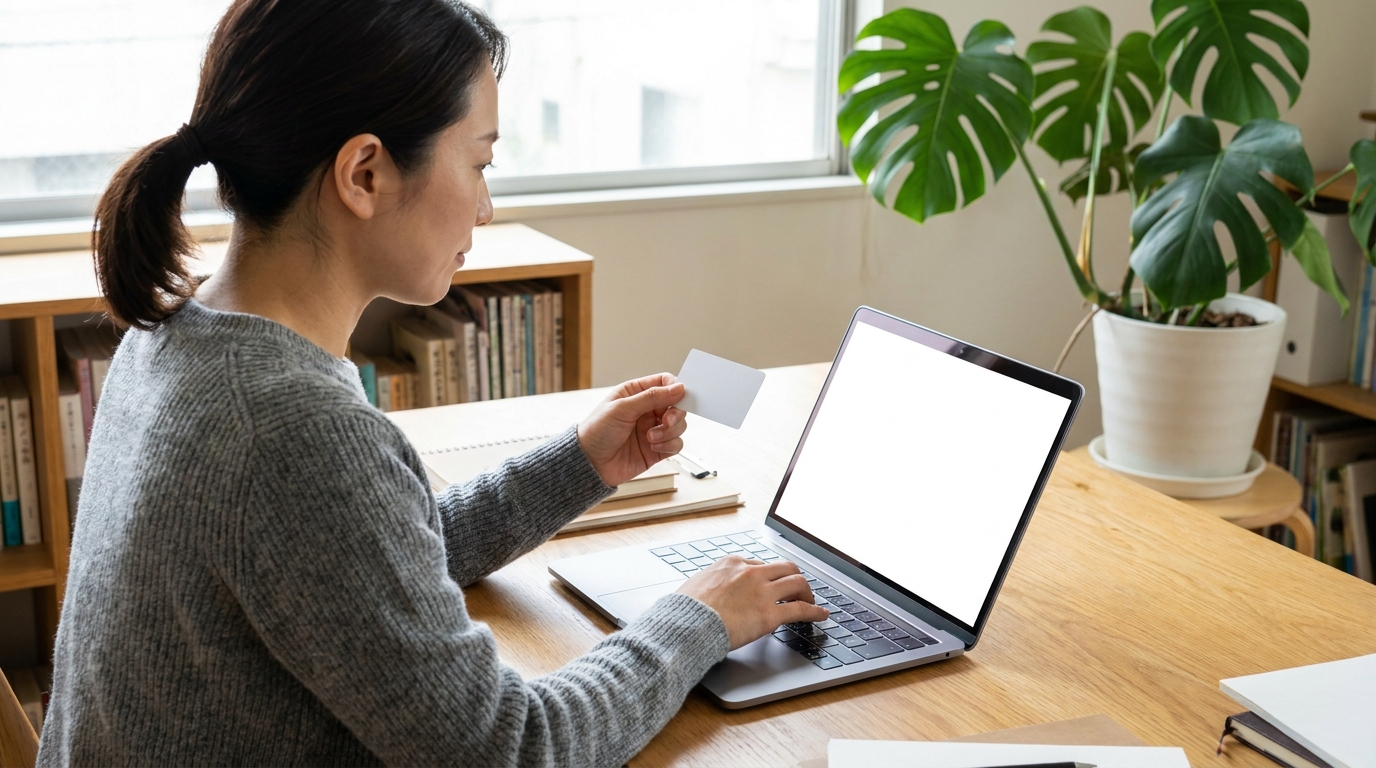 自宅のデスクでノートパソコンにカード情報を入力する女性
