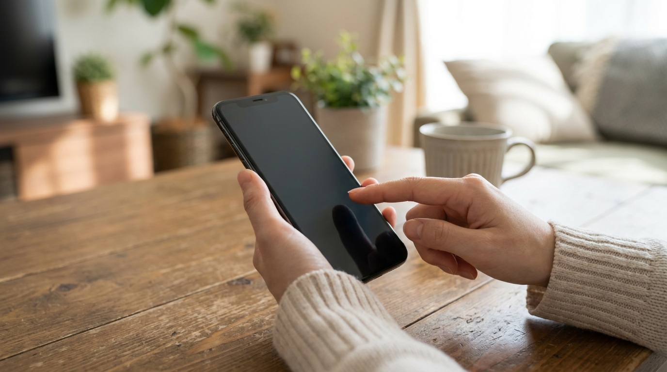 スマートフォンの決済画面を指で操作する手元のアップ