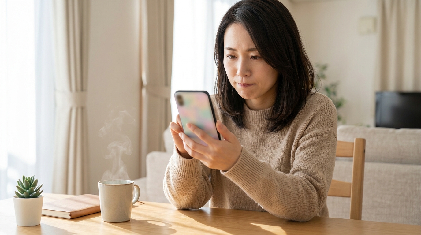 契約前に注意点を確認する日本人女性の手元とスマートフォン