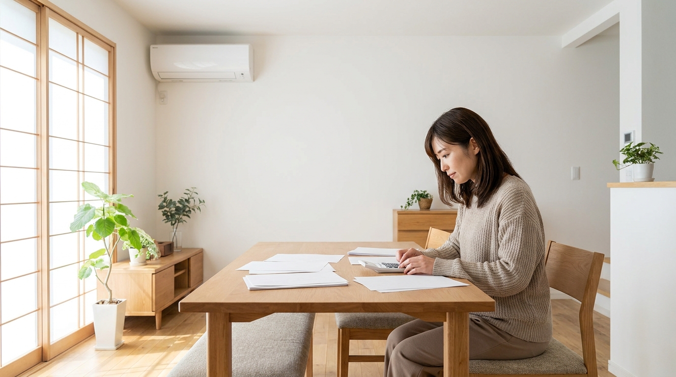明るいリビングのテーブルで電卓を使い見積もりを比べる女性