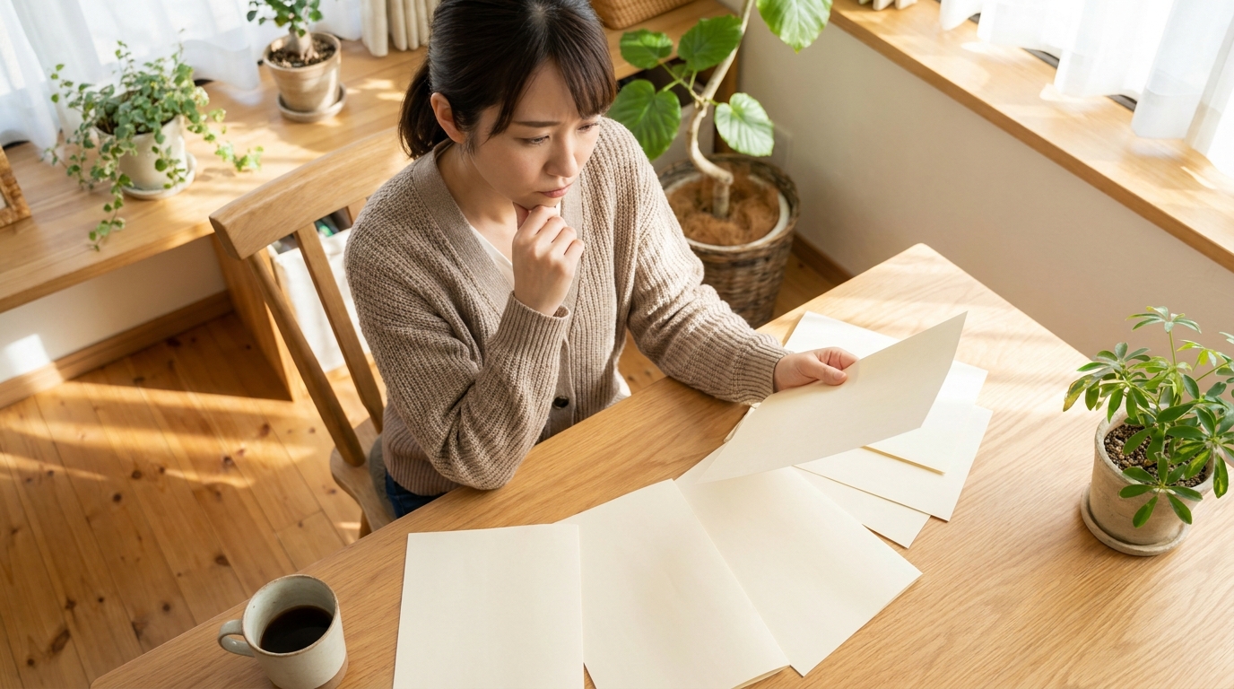 机に広げた複数の資料で家事代行サービスを比較検討する女性
