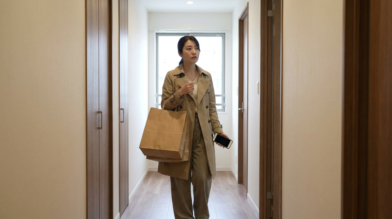 買い物袋を持ちスマートフォンで支払いをする女性