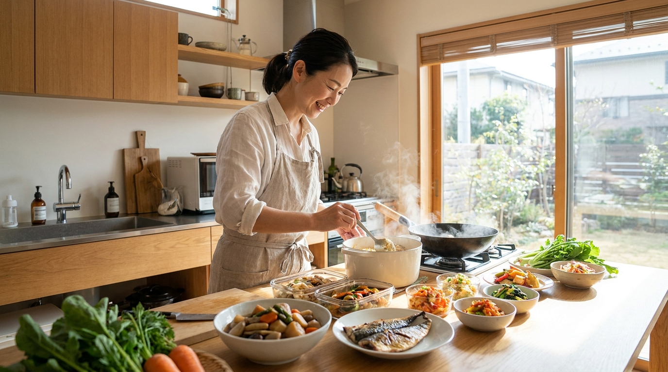 家庭のキッチンで作り置き料理を用意する出張シェフ