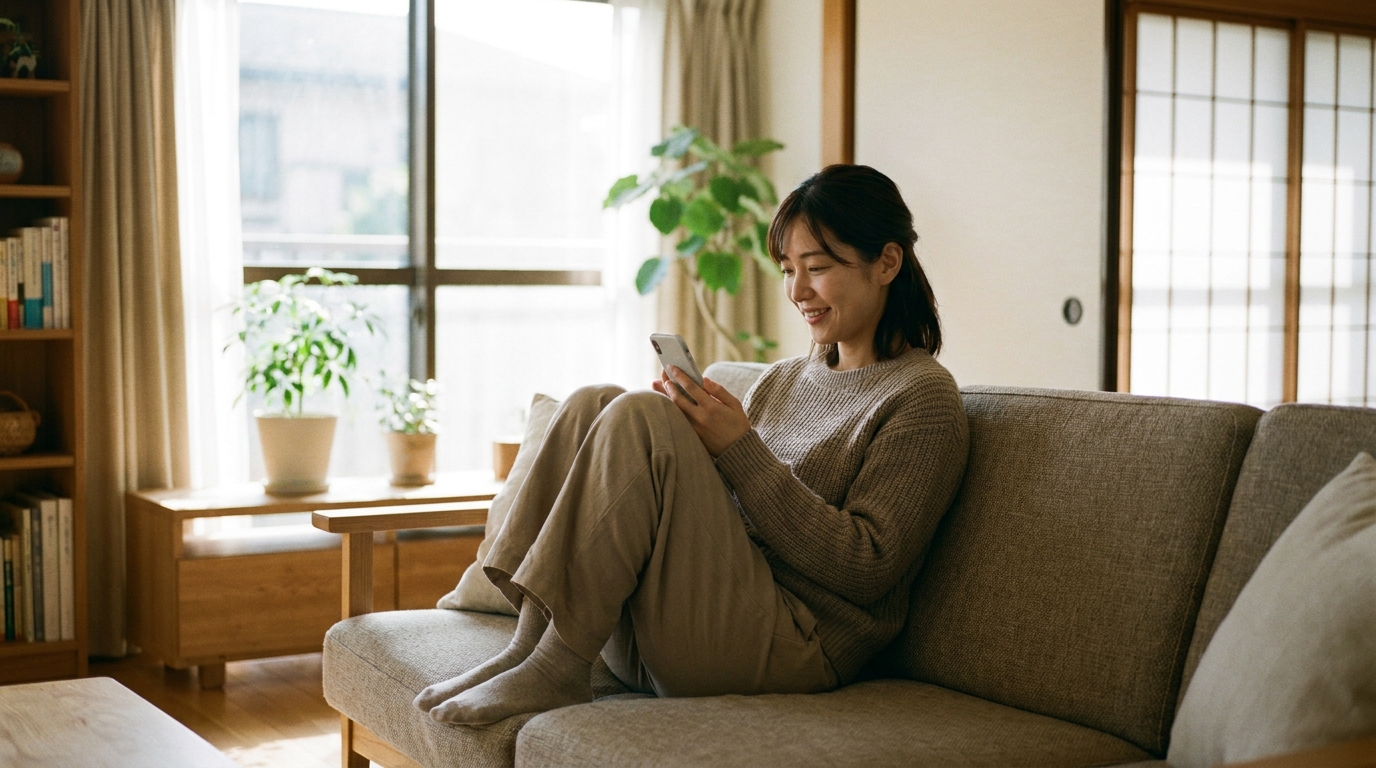 リビングのソファでスマホを見ながらくつろぐ女性