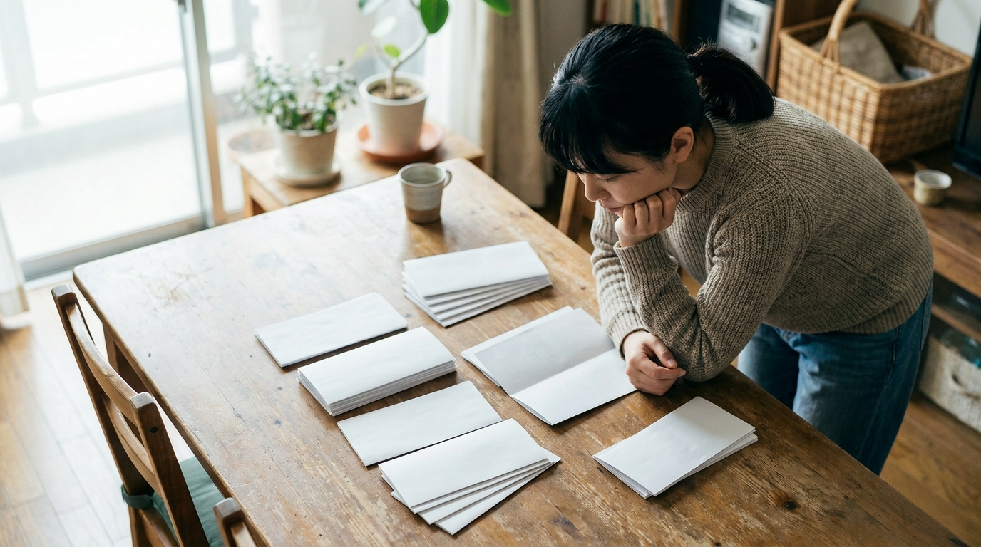 机に広げた複数の資料で整理収納サービスを比較検討する女性