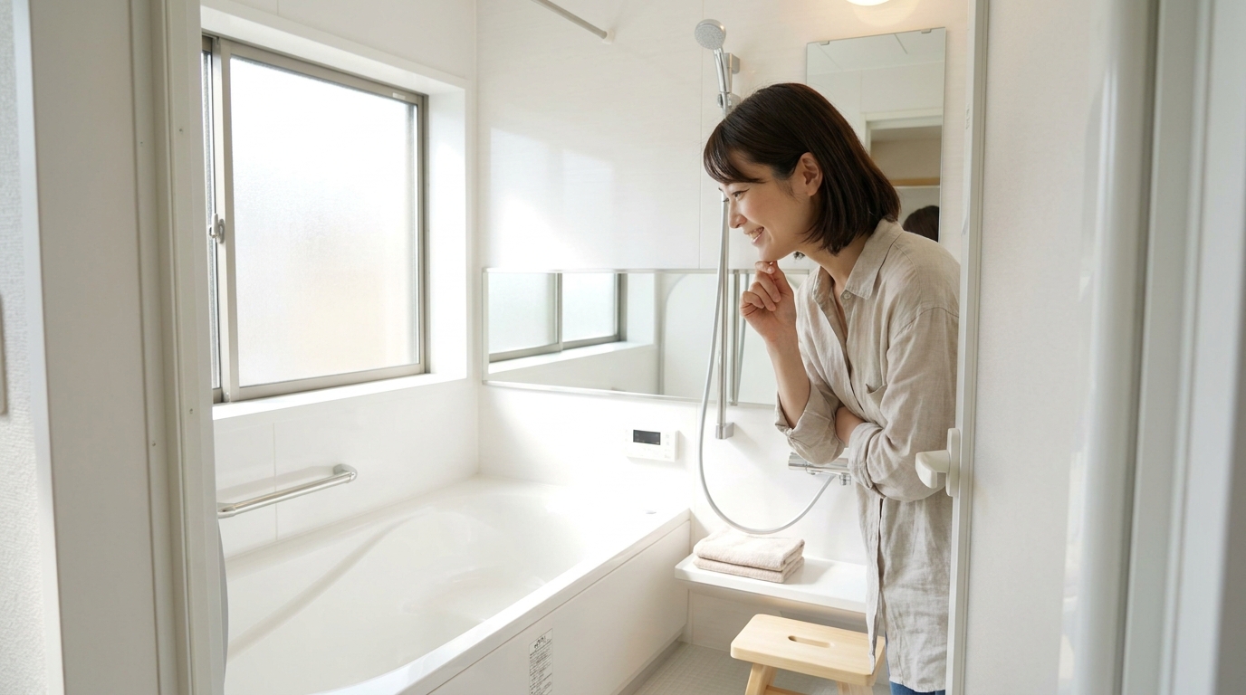 清掃後のピカピカの浴室を見て満足そうにほほえむ女性