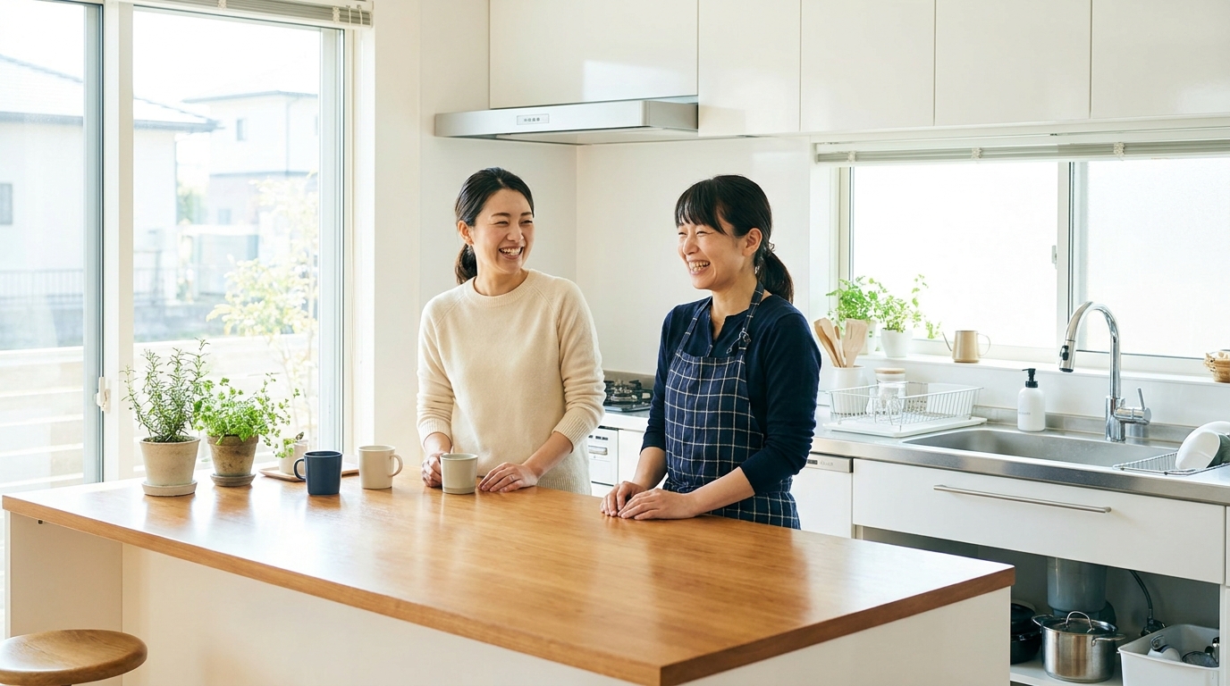清潔なキッチンで笑顔を交わす主婦と家事代行スタッフ