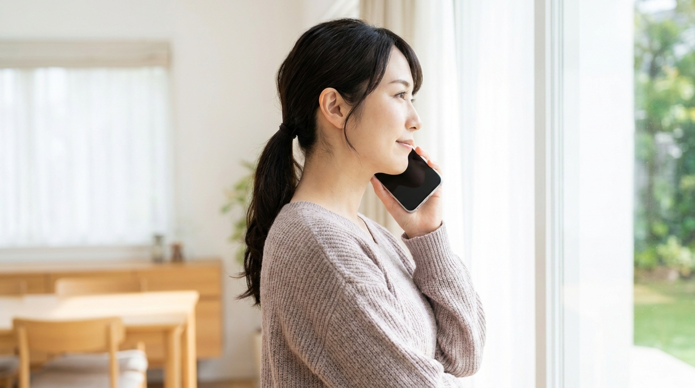 窓際でスマートフォンから連絡をする女性