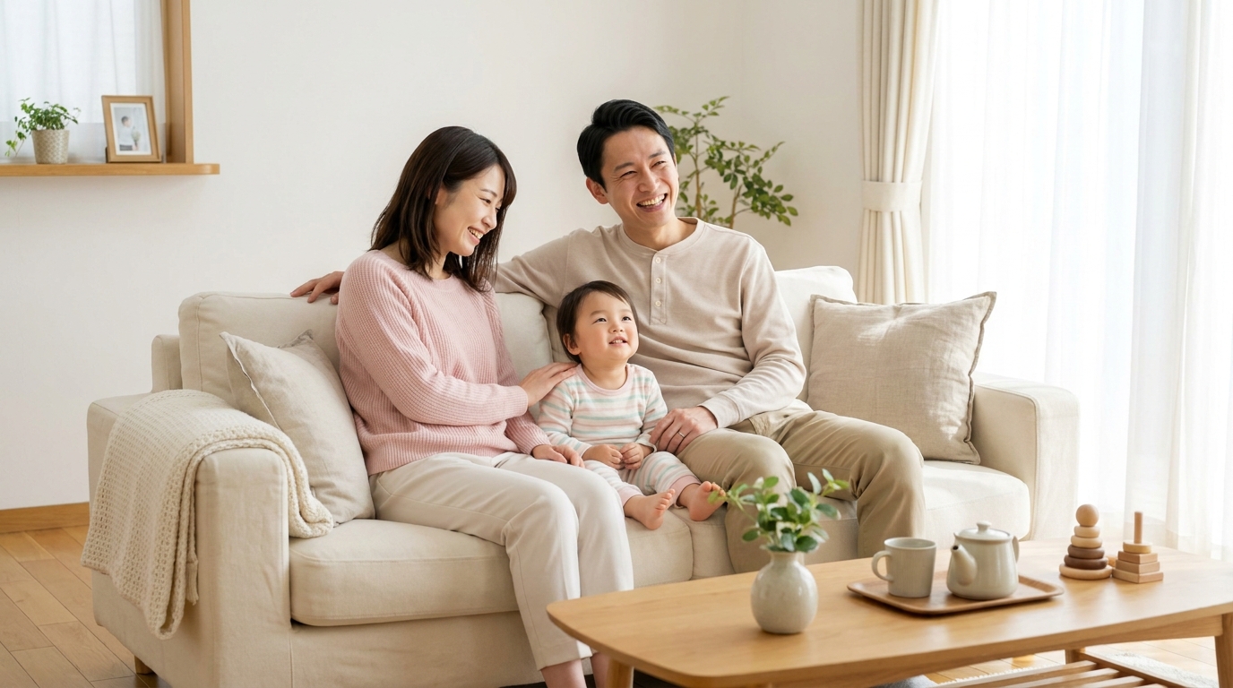 きれいになった部屋でくつろぐ共働き家族