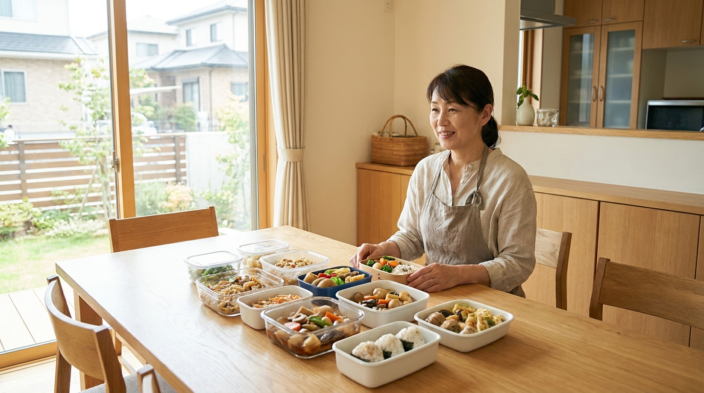 明るい食卓に作り置きを並べて笑顔でくつろぐ女性・家族の雰囲気