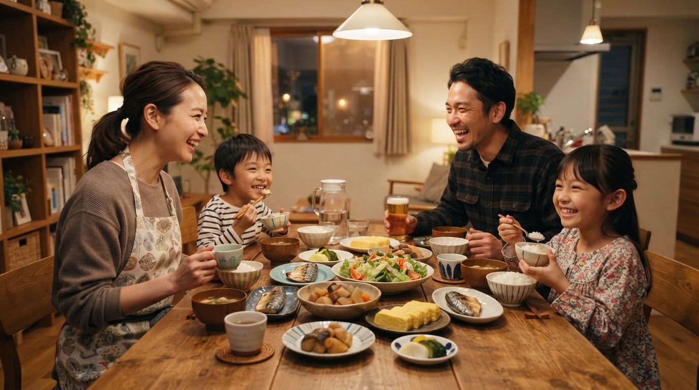 食卓で手料理を囲んで笑顔で食事する日本人家族