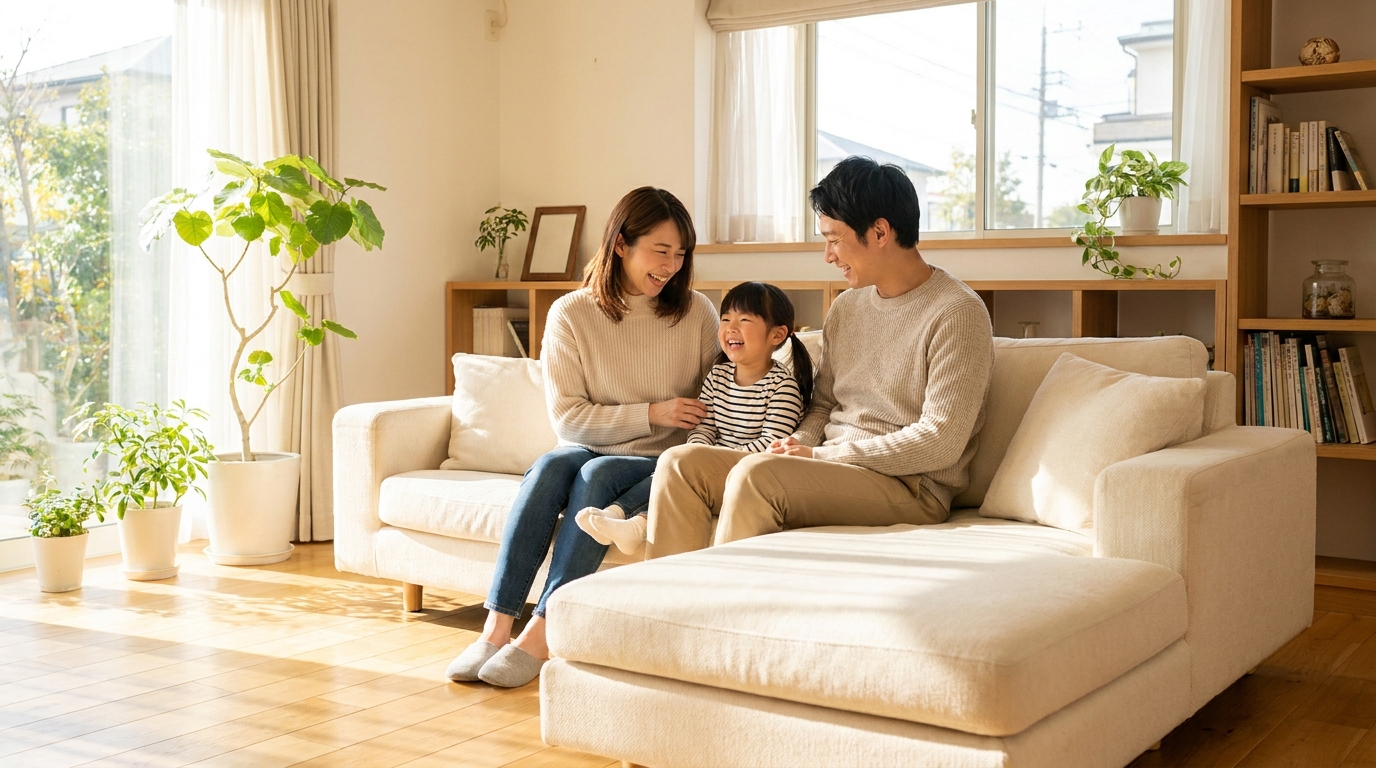 掃除を終えた明るい部屋でくつろぐ家族