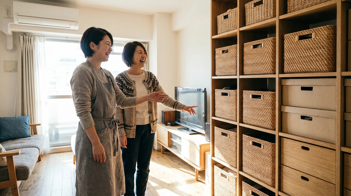 整った収納棚を見て笑顔を交わす主婦と整理収納スタッフ