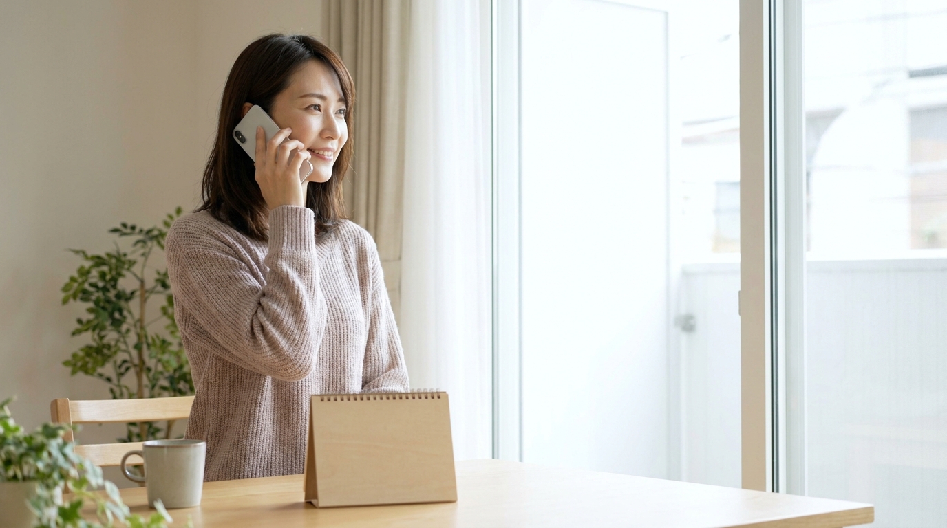 窓辺でスマートフォンを耳に当てて予約の日程を相談する女性