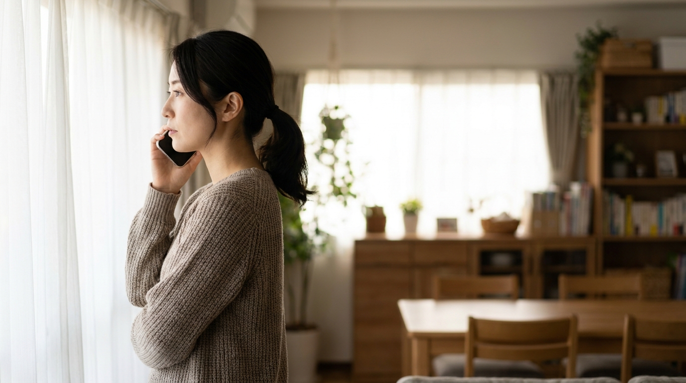 窓際でスマートフォンから日程を連絡する女性