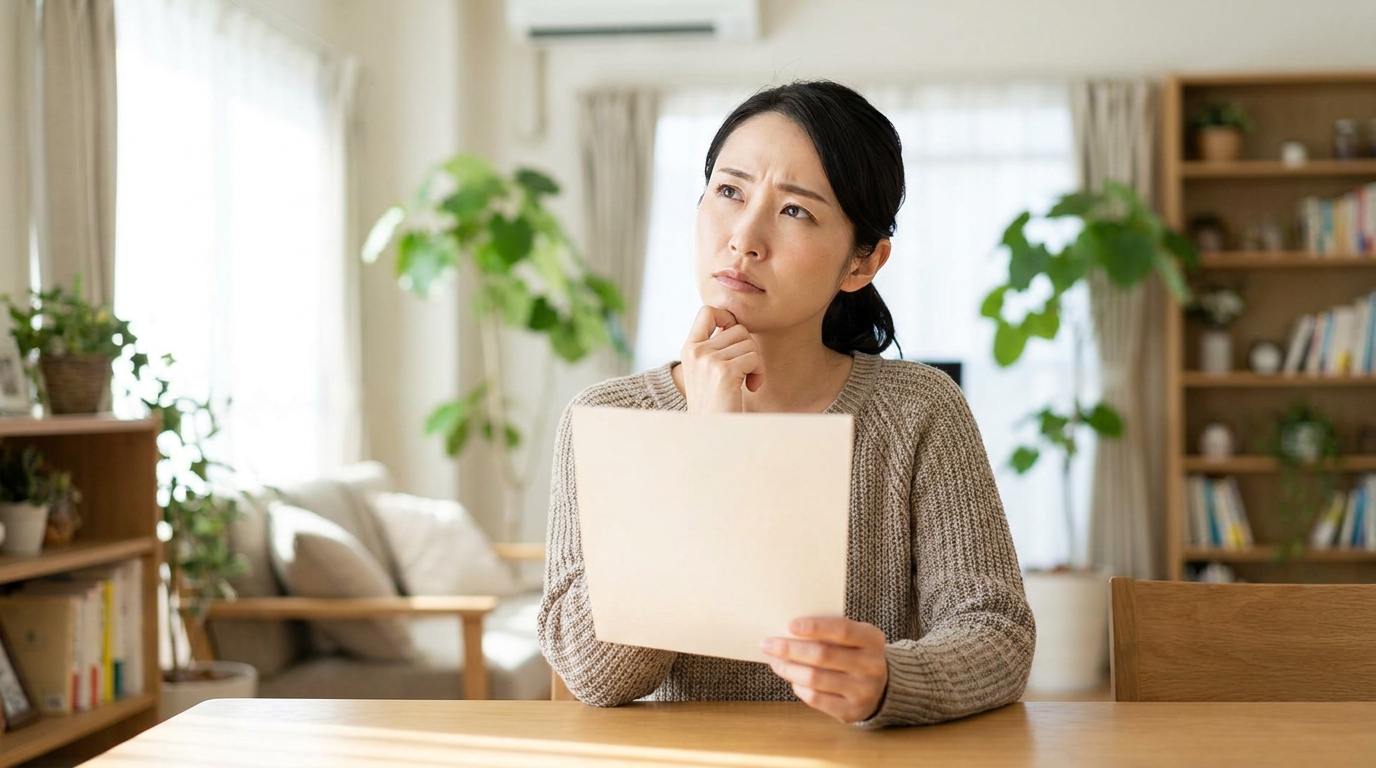 書類を手に疑問を考える日本人女性