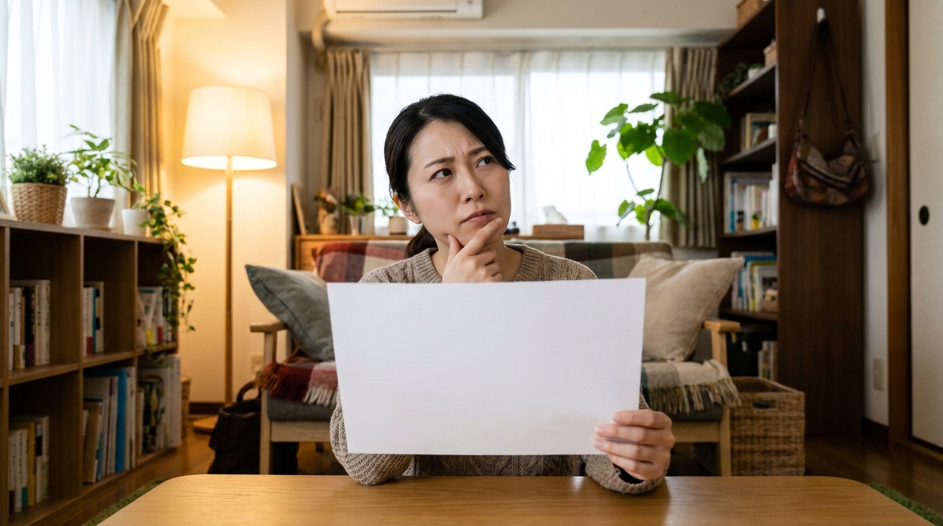 書類を手に疑問を考える日本人女性