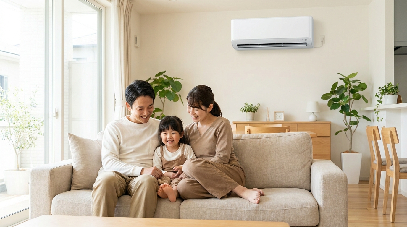 エアコンのある清潔なリビングのソファでくつろぐ日本人の家族3人