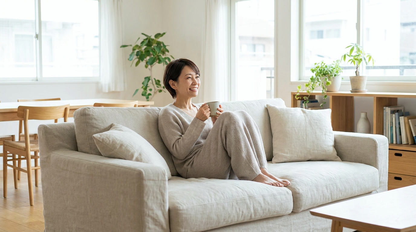 片付いた明るい部屋でお茶を飲みくつろぐ女性
