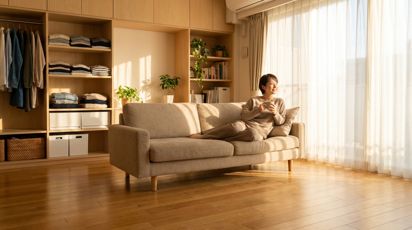 片付いた明るい部屋でくつろぐ女性